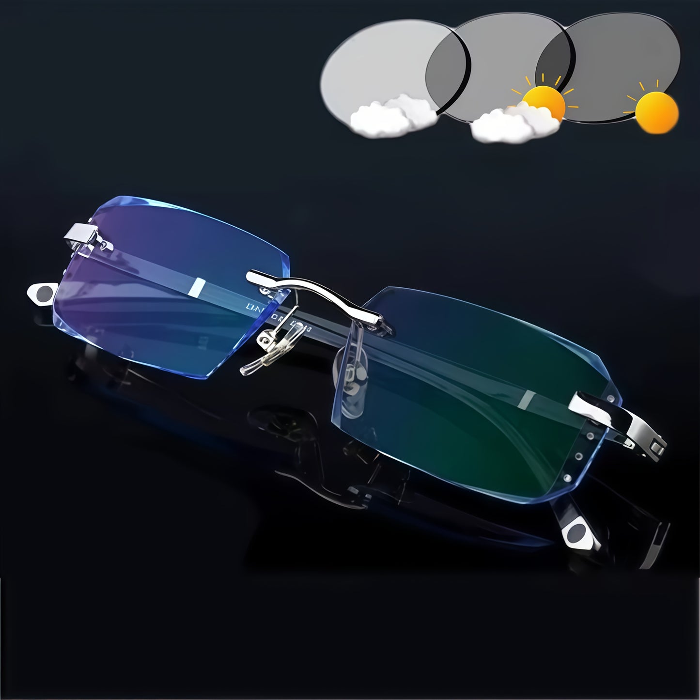 Frameless rhinestone photochromic glasses with anti-blue light protection and color-changing design for daily wear, parties, and gifts.