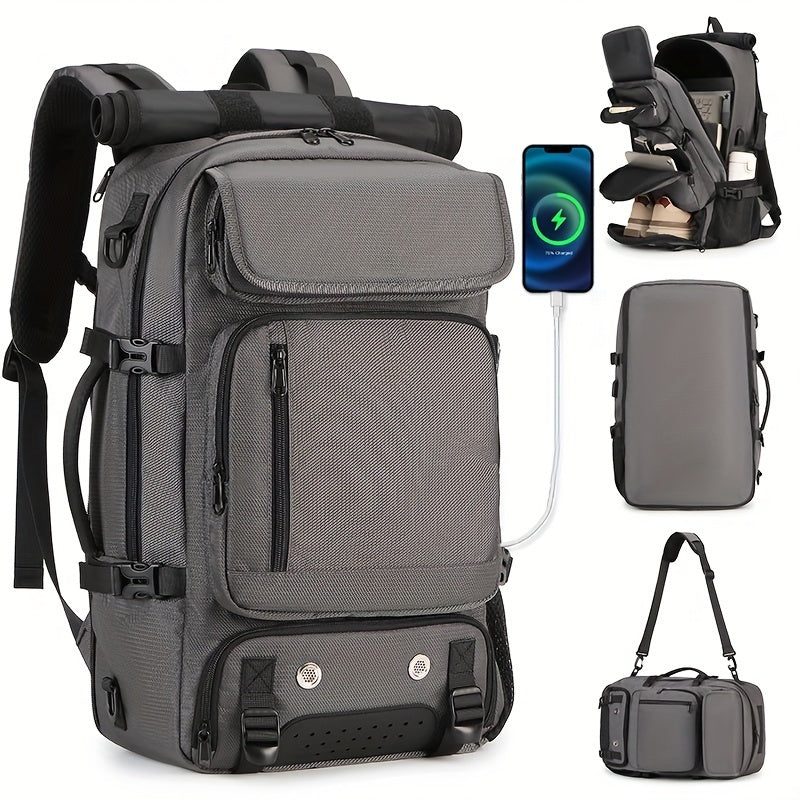 Durable black backpack for hiking and camping with large waterproof capacity, shoe compartment, and adjustable straps. Made from polyester.