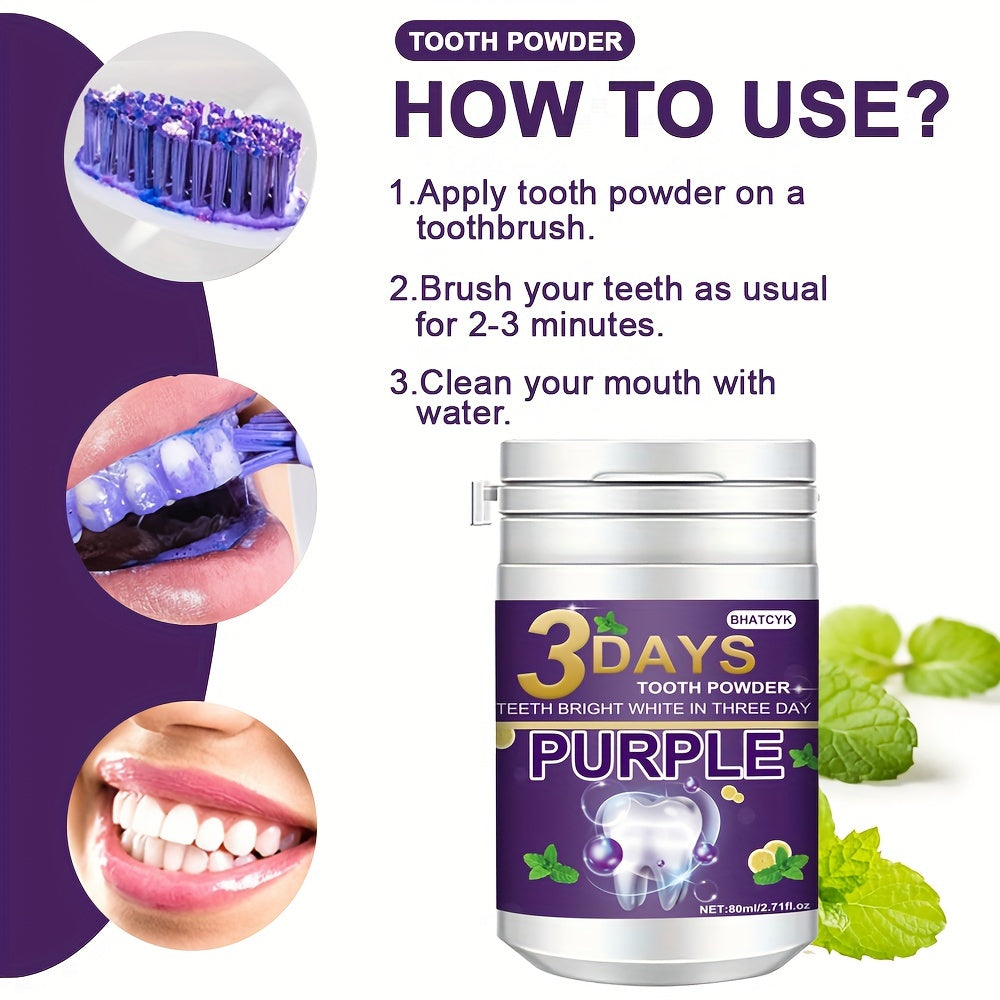 BHATCYK 3-Day Purple Teeth Whitening Powder fresh mint flavor 80ml/2.71oz for a brighter smile, daily use and travel.