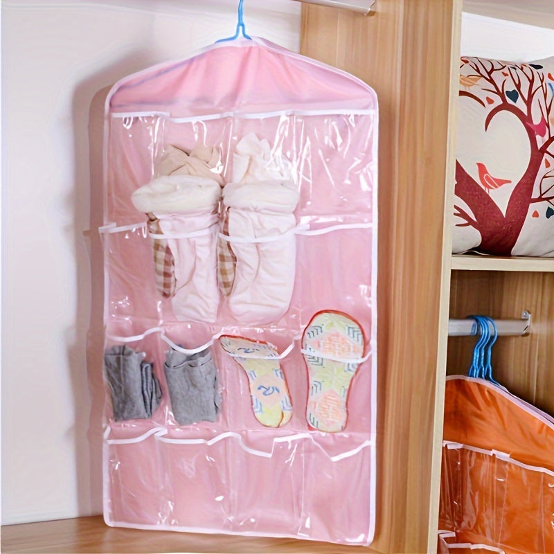 16-pocket hanging organizer made of durable polyester with transparent mesh pockets for clothes, socks, and underwear. Space-saving solution for bedroom, closet, or dorm organization.