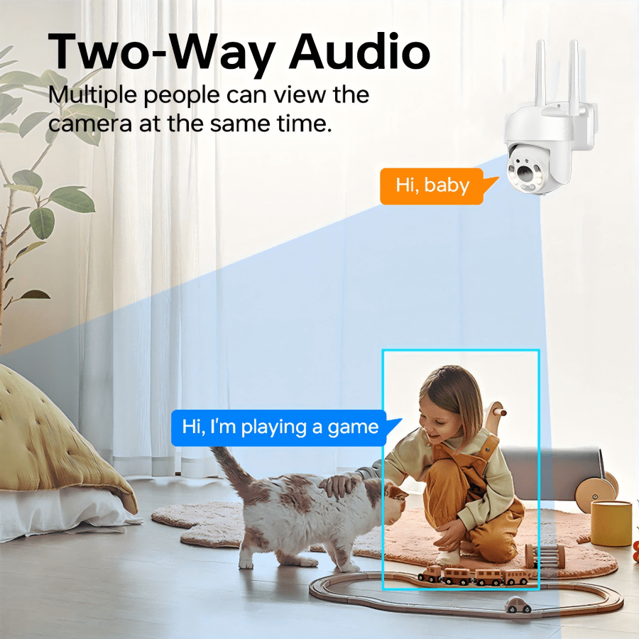 The THIRYWO 2MP Full HD WiFi Security Camera is a powerful outdoor PTZ camera with 360° panoramic monitoring capability. It is compatible with smartphones and features human and vehicle detection, two-way audio, full-color night vision, and IP66