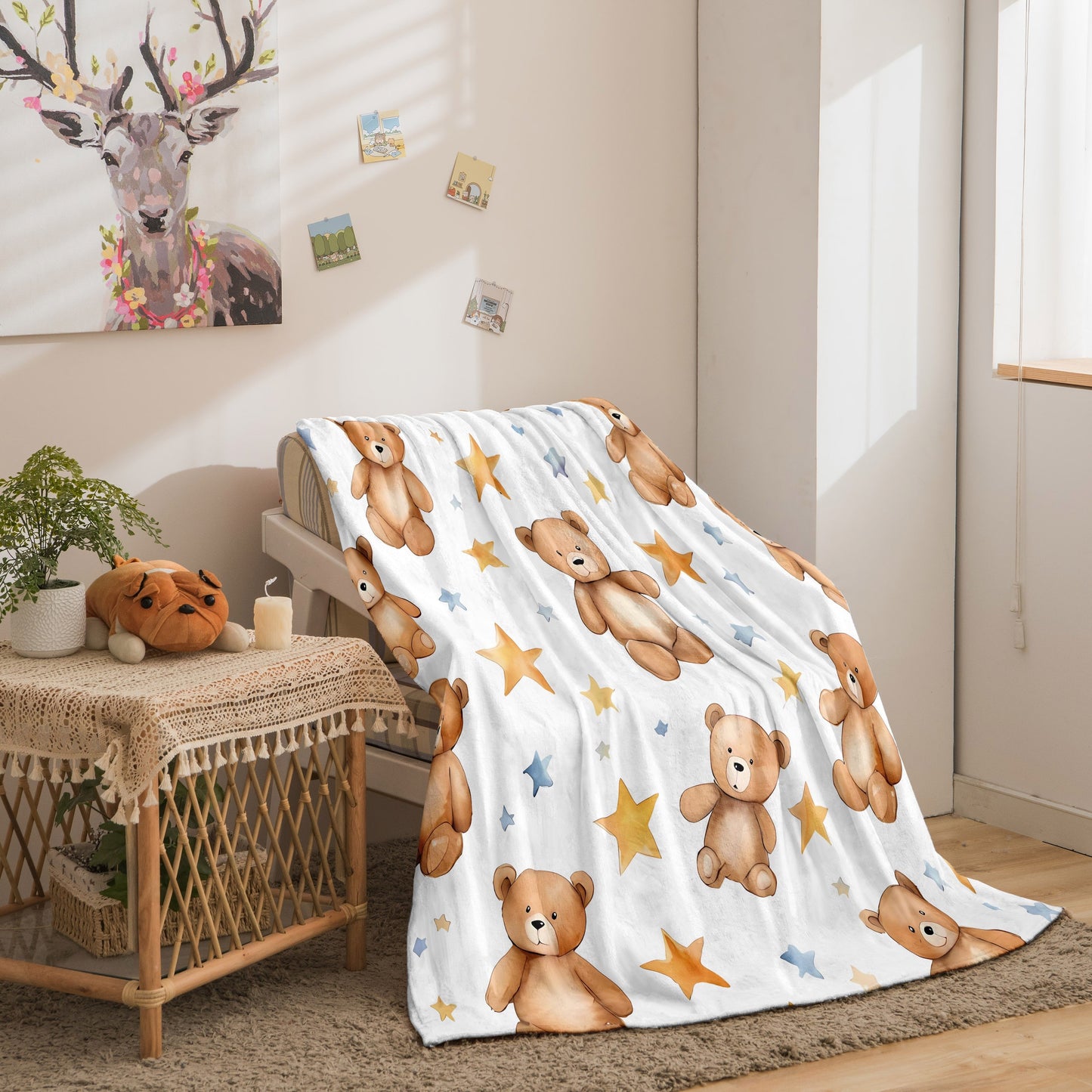 One piece of Cozy Cartoon Bear Printed Flannel Fleece Throw Blanket - Soft and Gentle on the Skin, Suitable for All Seasons and Various Uses- Makes a Perfect Gift, Ideal for Office Use and Outdoor Napping - Features a Traditional Design with High-Quality