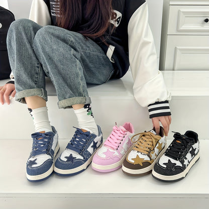 Women's graphic lace up skate shoes with thick sole, patchwork design, non-slip grip, and lightweight construction.