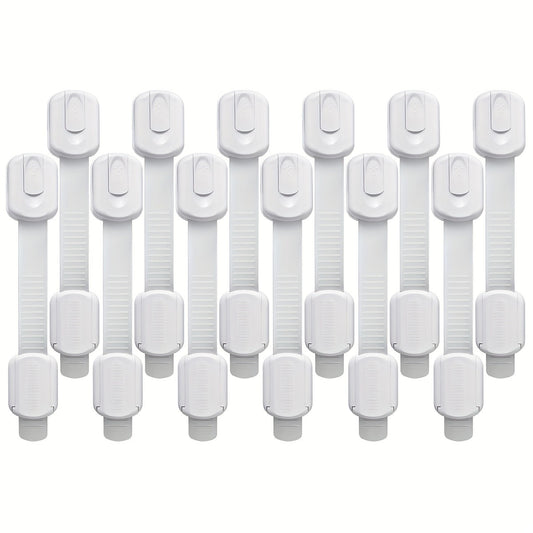 Get 6 or 12 Baby Protection Cabinet Locks to Secure Drawers, Fridges, Washing Machines, Bucket Seats, Closets, Ovens, Dumpsters, and More! These Adjustable Multipurpose Latches are Adhesive-Free and Childproof in White.