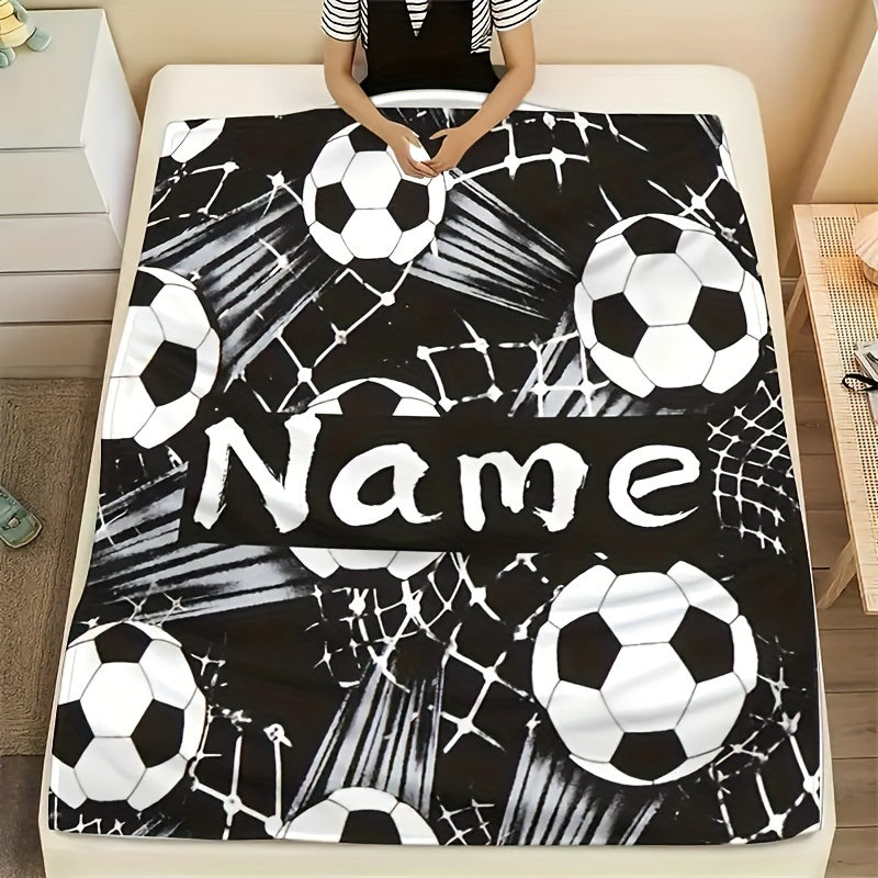 Personalized Soccer Ball Design Flannel Fleece Throw Blanket, Customizable Soft and Cozy Digital Print, Easy to Clean in Washing Machine, Modern Style, Versatile for all Seasons - Perfect for Couch, Bed, Travel, Camping, Home, or Office - 1 Piece