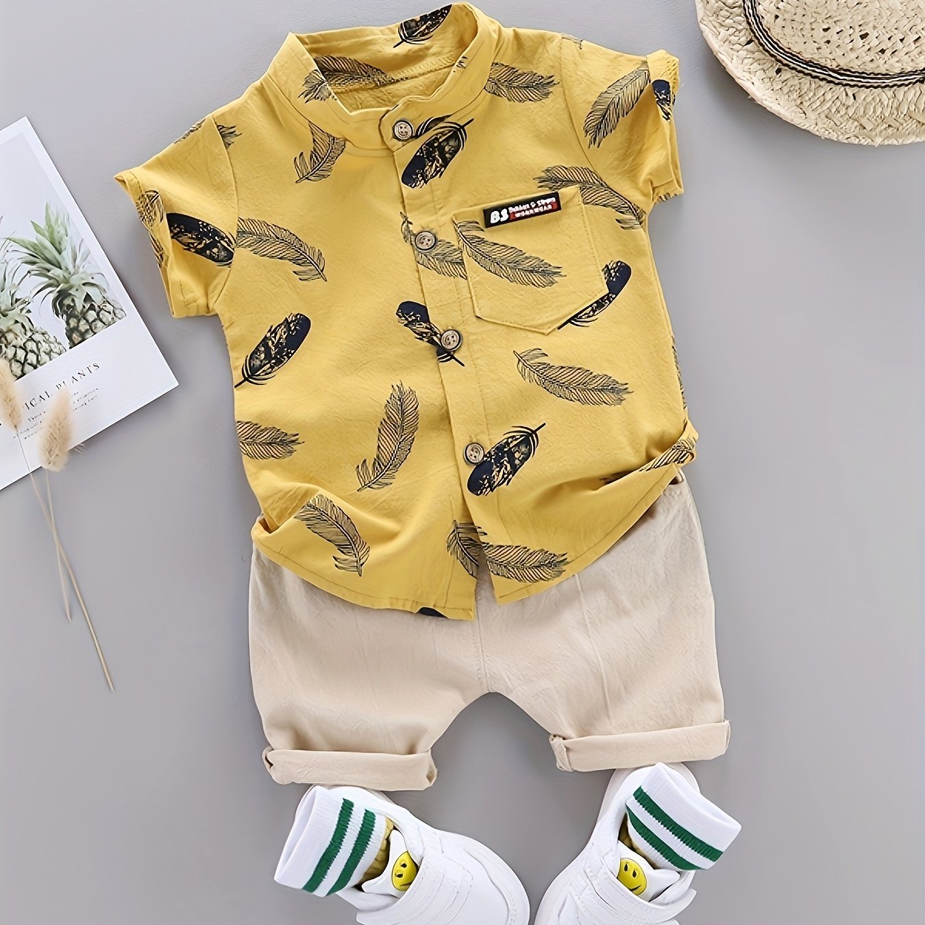 Baby boys' casual feather pattern shirt and shorts set for outdoor wear.