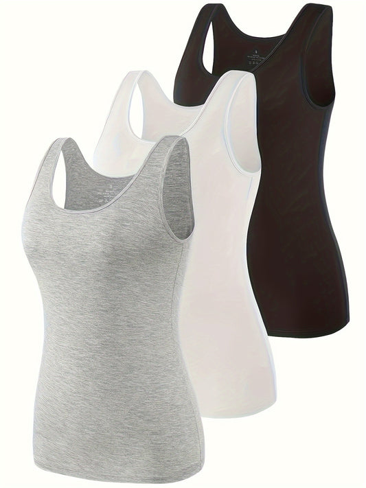 3 women's slim fit tank tops in heather gray, white, & black - breathable rayon blend, stretchy sleeveless shirts with racerback design for casual wear - machine washable.