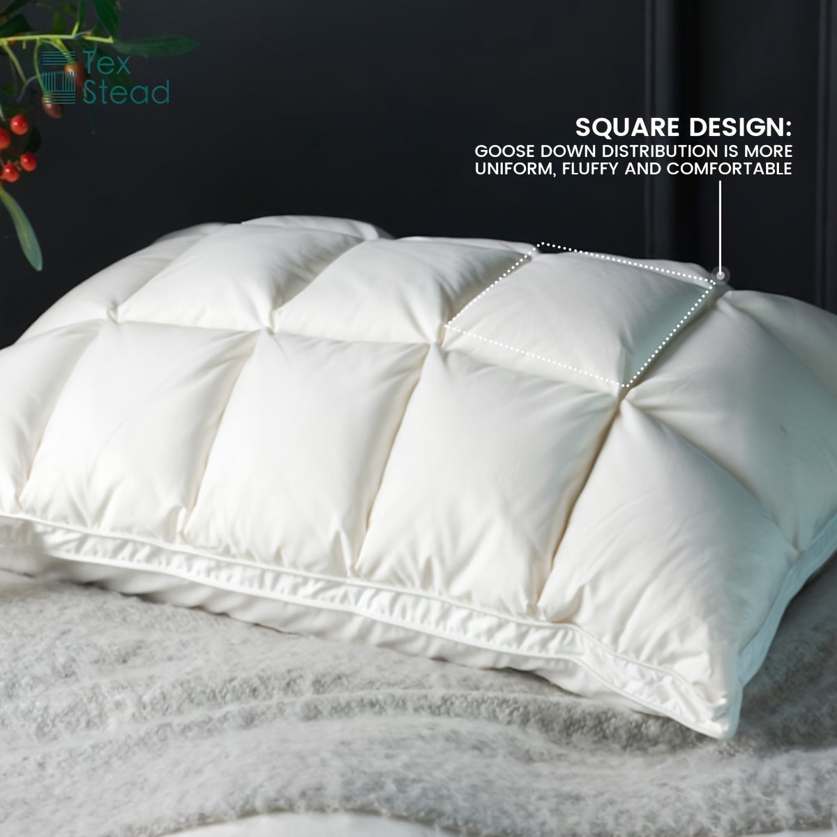 Luxury goose down feather pillow with pinch pleat design for neck protection in bedroom or hotel.