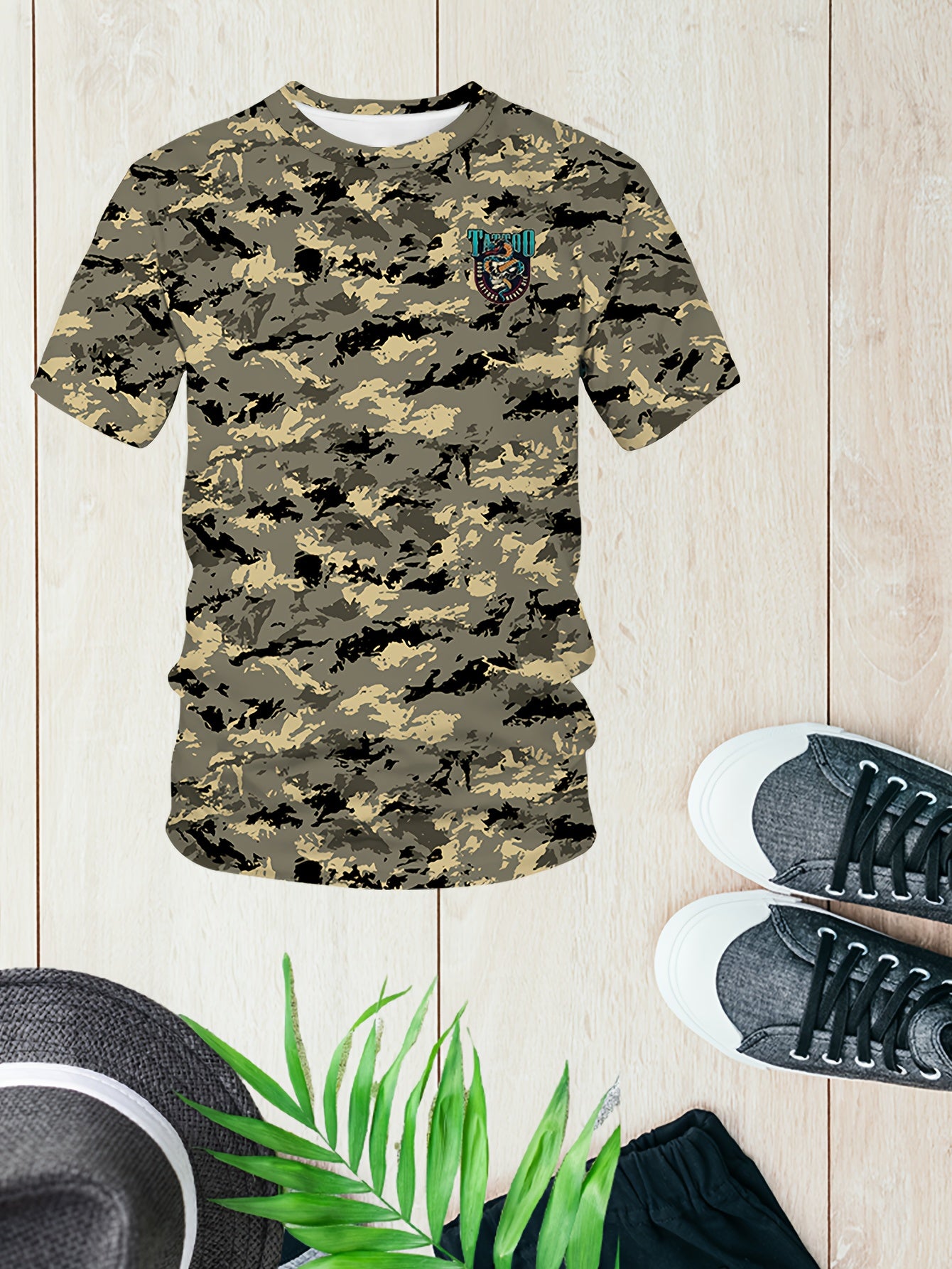 Regular fit camo print tee for plus size men with tattoo art design, suitable for casual, sports, and party wear.