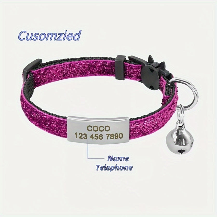 Personalized cat collar with bell, custom engraved ID tag, adjustable anti-suffocation design, suitable for kittens and puppies.