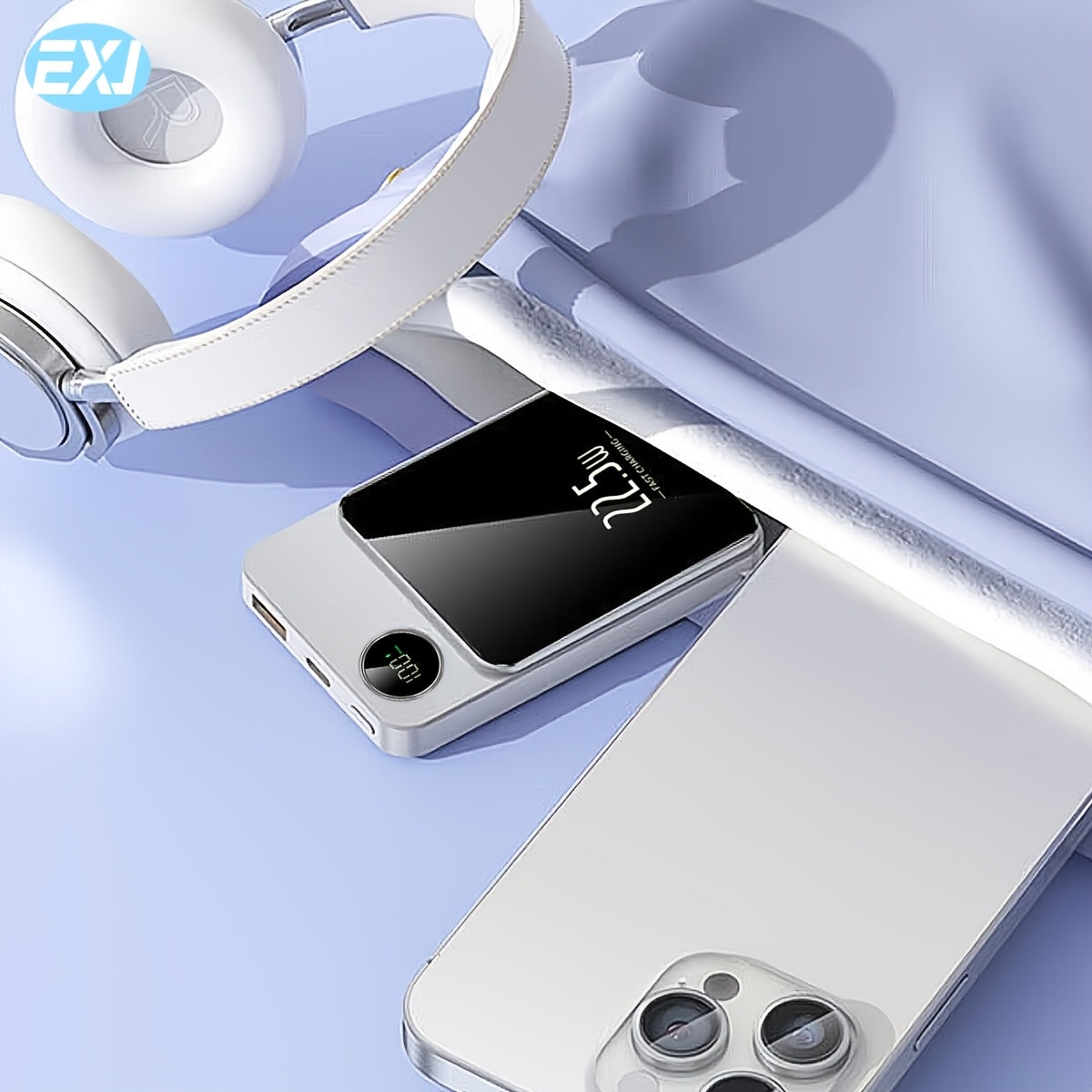 EXJ-PD 22.5W Magnetic Power Bank with USB-C cable, LED display, Mag-Safe, and PD fast charging for iPhone 16/15/14/13/12 models.