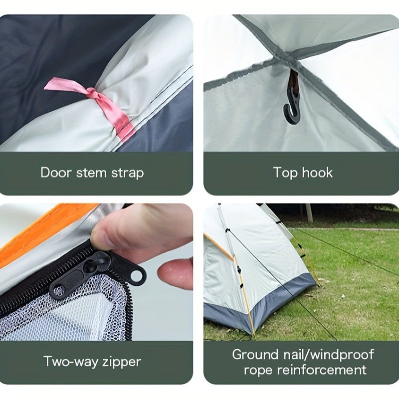 Portable dome tent for 2-3 people with mosquito netting, fiberglass poles. Perfect for family camping and outdoor adventures. Easy setup, all-season use. Durable white polyester fabric.