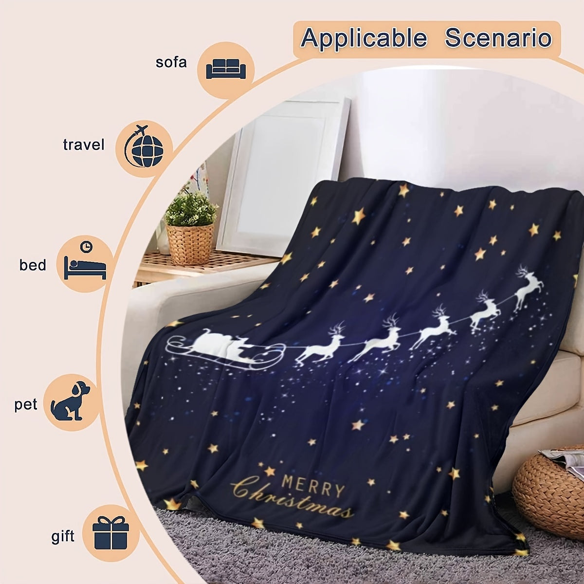 Soft and plush Cozy Reindeer Print Christmas Throw Blanket, perfect for all seasons. Ideal gift for youngsters and adults, perfect for bed, sofa, or chair. Add a festive touch to your living room decor.