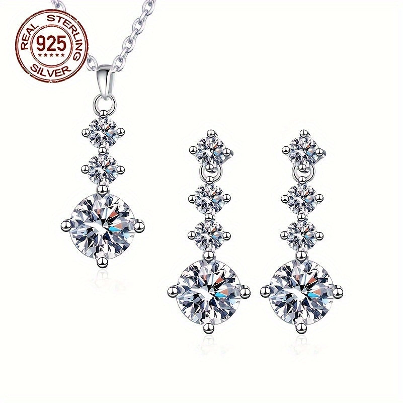 One set of elegant 925 sterling silver jewelry featuring classic 4-roundel drop earrings and pendant necklace with synthetic cubic zirconia. Perfect for daily wear or as a gift for Valentine's Day for women. Silver plated for added shine.