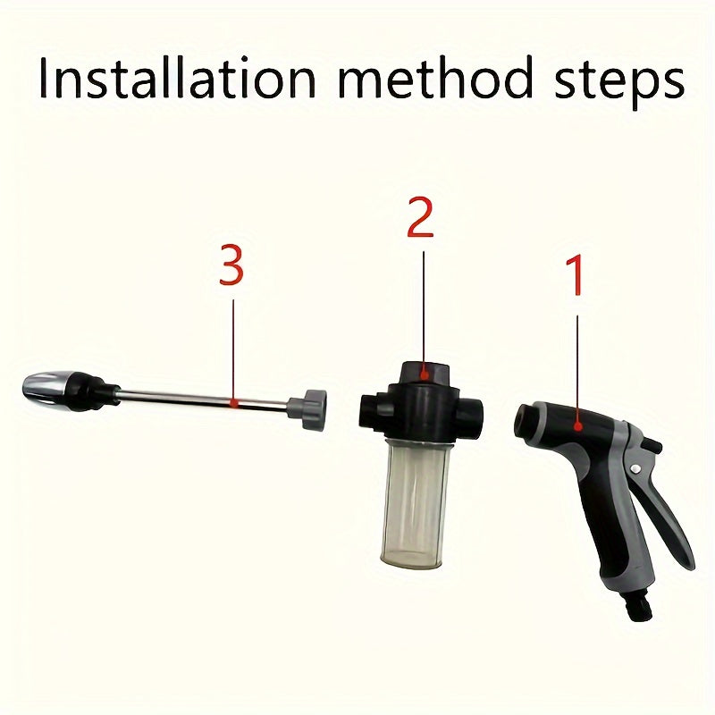 High-pressure foam gun with long handle and adjustable nozzle for cleaning, watering, and tire inflation. Includes foam cannon and pressure spray bottle.