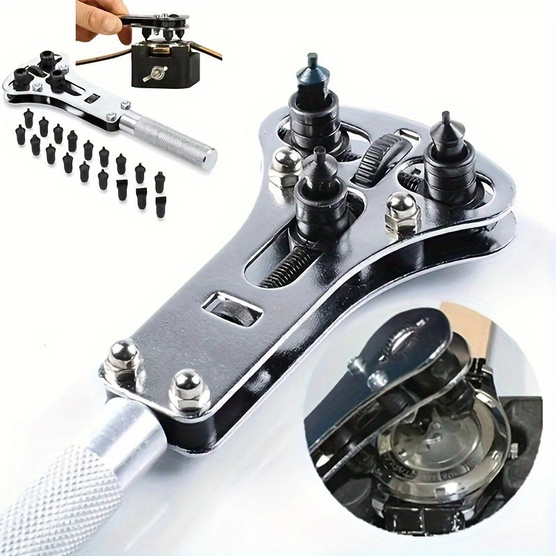 Professional Watch Repair Tool Kit, including a Watch Cover Wrench Opener, 3-point Wrench Screwdriver Box Disassembly Tool, and an 18-bit Adjustable Watch Back Cover Opener. This Waterproof tool is perfect for Watch Battery Replacement and other Watch