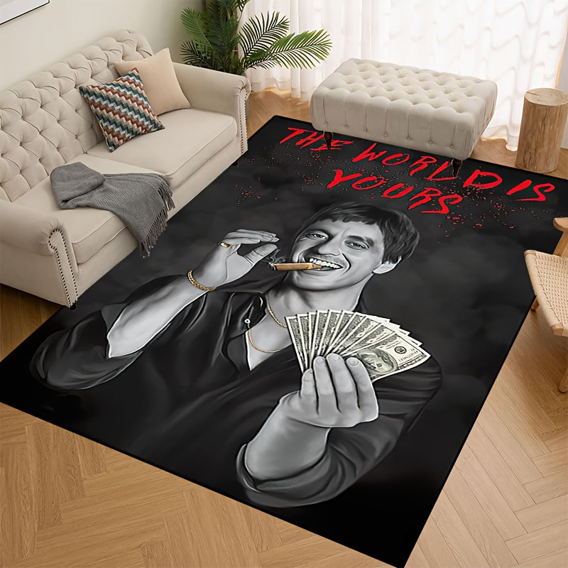 Machine washable polyester area rug featuring a dark gray 'The World is Yours' motif. This non-slip rectangular floor mat is perfect for indoor use in rooms such as the hallway, living room, bedroom, entryway, patio, or garden. Available in multiple