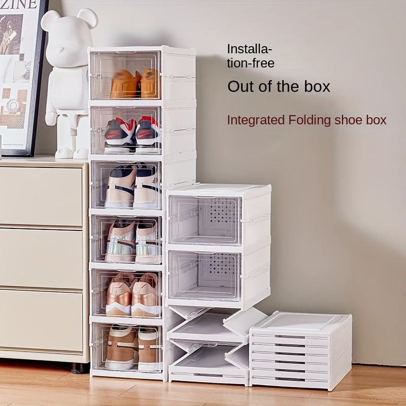 Free-Standing, Stackable & Dust-Proof Plastic Shoe Rack with Lid - Modern 6-Layer Foldable Storage Organizer for Entryway and Closet