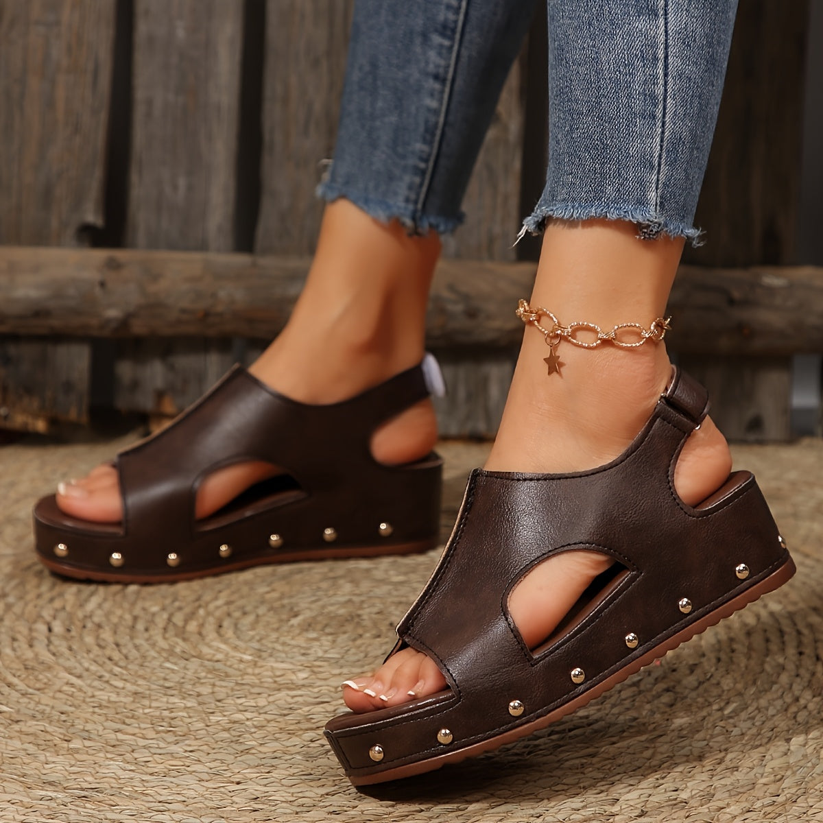 Comfort wedge sandals for women with open toe, mid-heel, hook-and-loop closure, faux cover for summer.