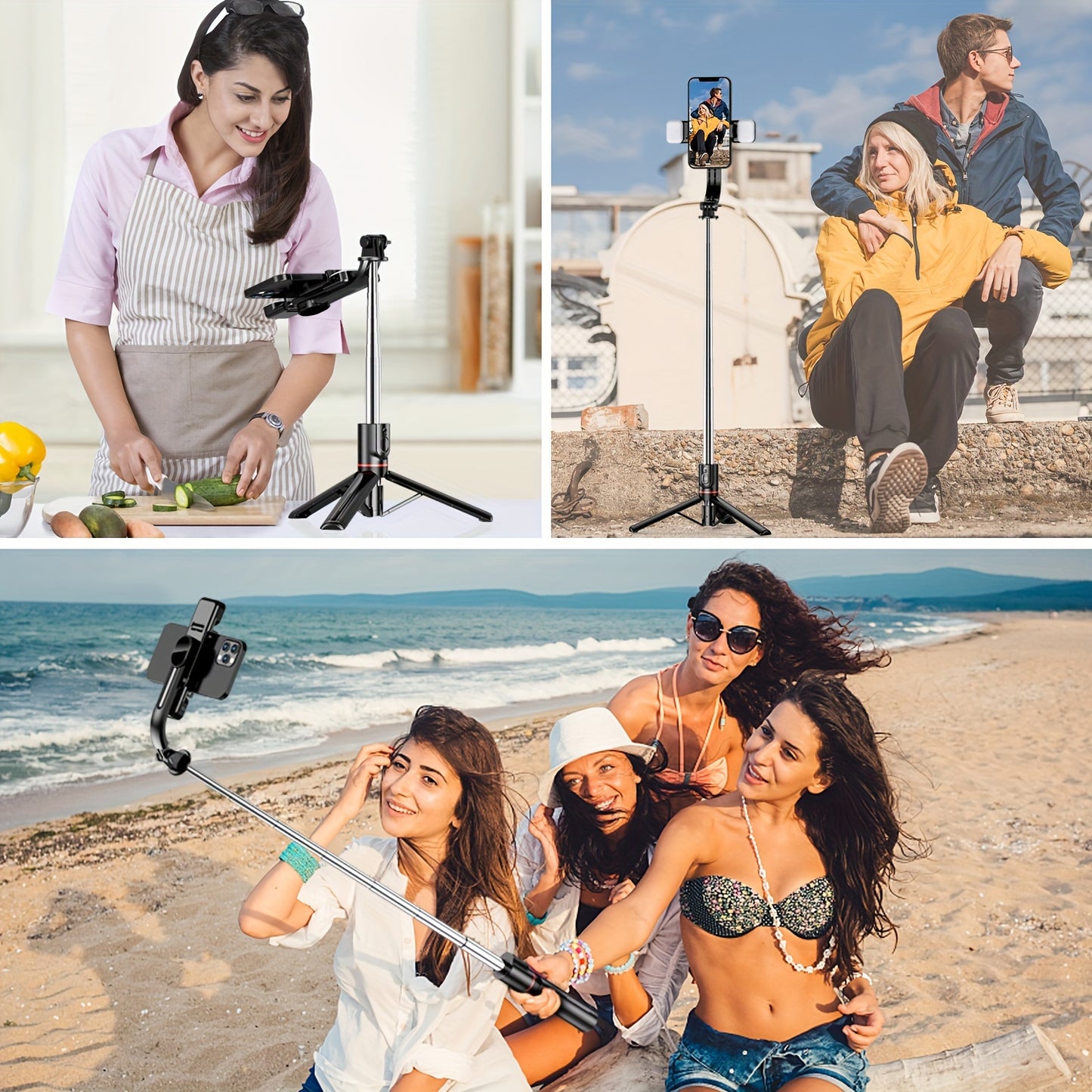 45 inch selfie stick with 2 fill lights, upgraded tripod, detachable remote, and compatibility with iPhone and Android smartphones.