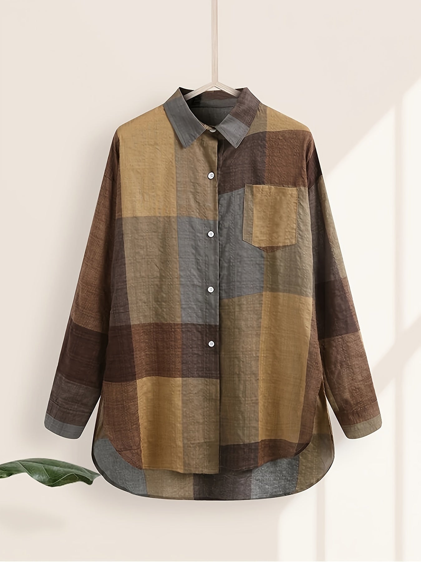 Plaid Print Button Front Shirt for Women, Casual Long Sleeve Lapel Collar Shirt for Spring & Fall.