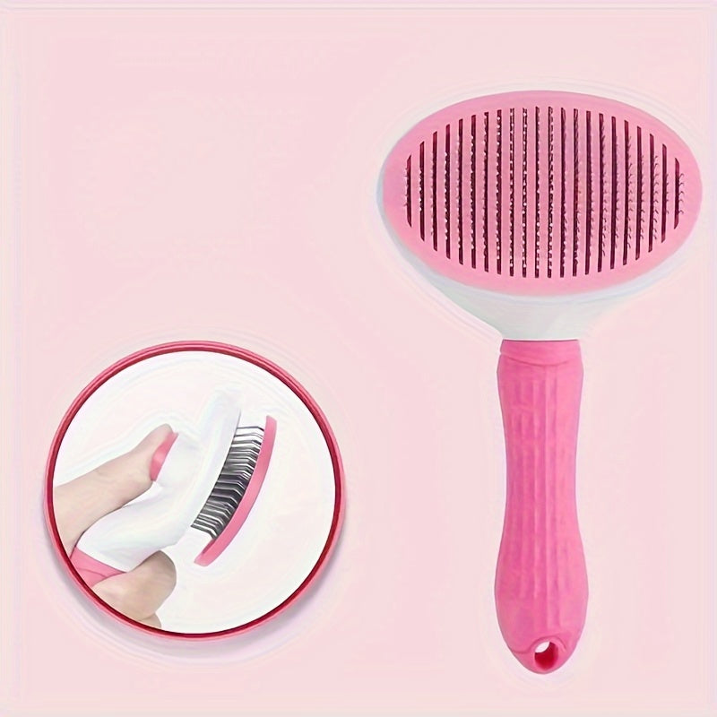 Pet grooming brush for dogs & cats with one-click hair removal, ideal for facial & body massage. Made of durable ABS material in blue & white.