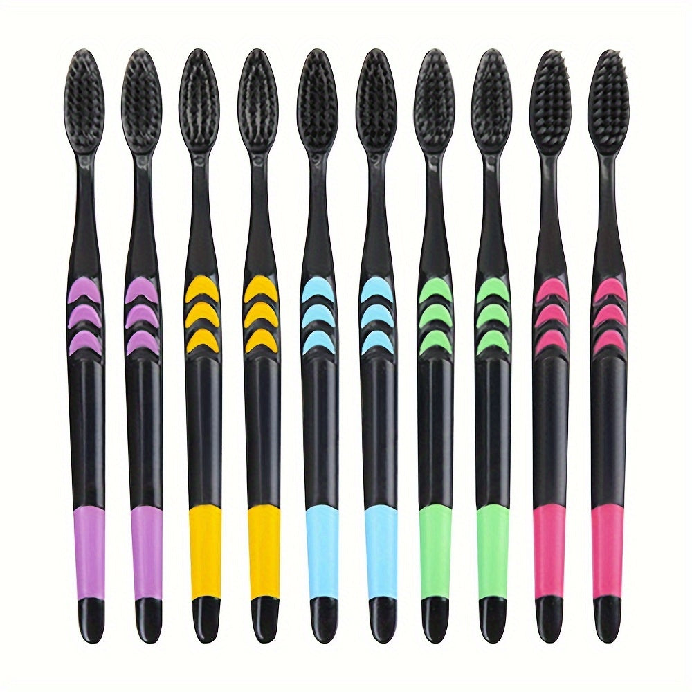 5/10 soft bristle toothbrushes with multicolor grip handles and black nylon bristles for adults, ideal for deep manual oral care.