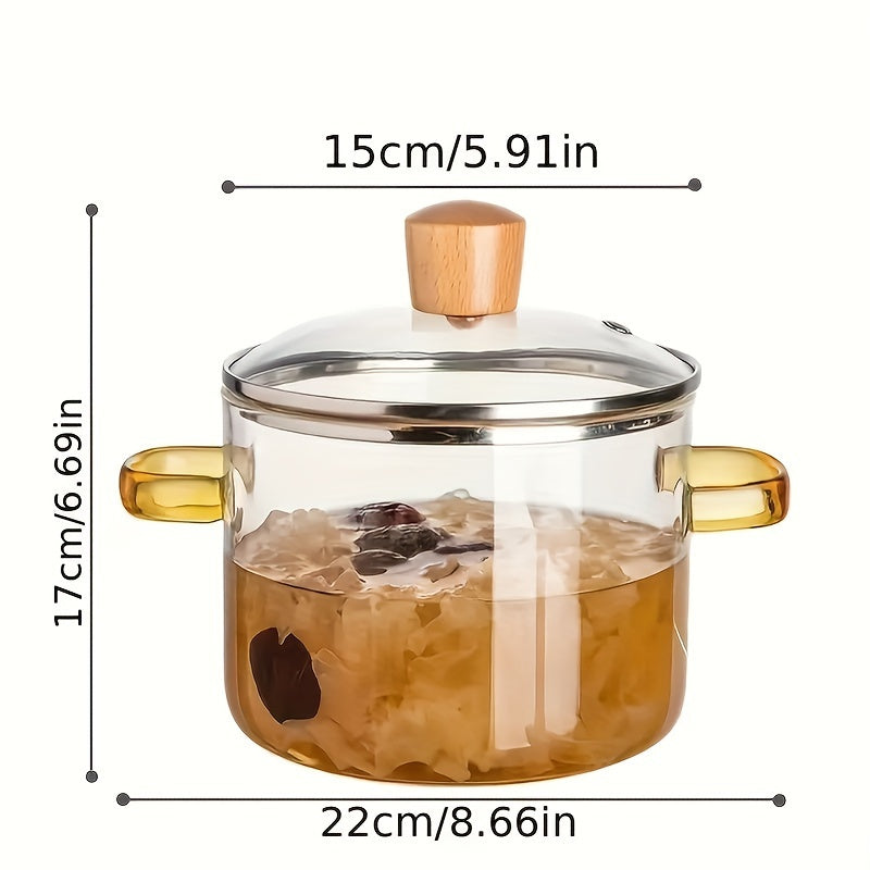 One-piece large capacity stew pot made from high borosilicate glass, perfect for cooking a variety of dishes such as soup, bread, curry and winter silver soup. Transparent design makes it suitable for household use.