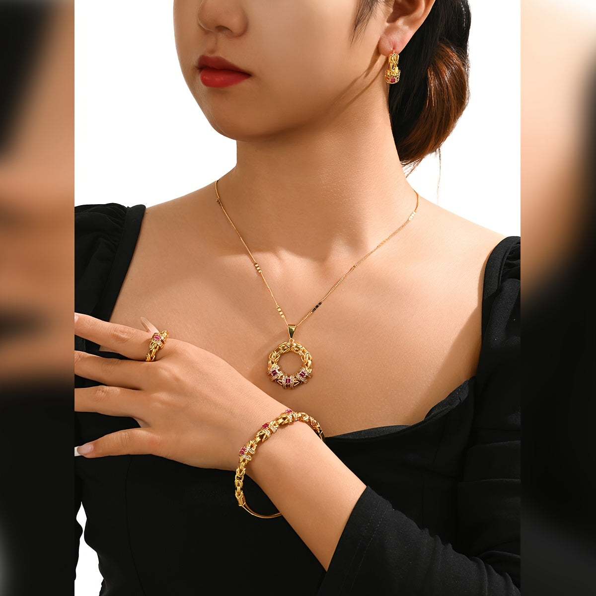 Luxurious Dubai-inspired jewelry set crafted with simple brass material and 18k Gold Plating, adorned with Zirconia stones. This elegant 5-piece set includes a necklace, earrings, bracelet, and ring, perfect for daily wear or as a special gift. The Retro