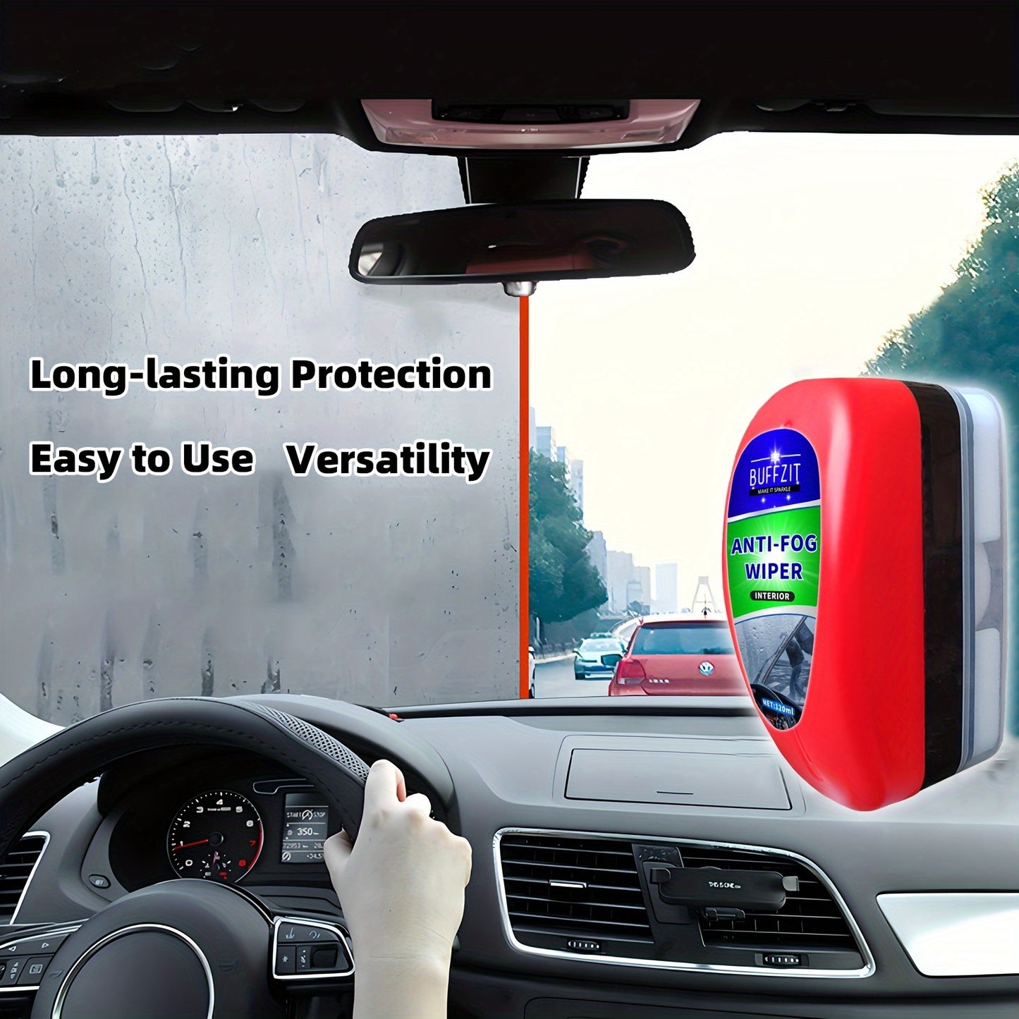 Interior windshield anti-fog spray repels water and prevents fogging.