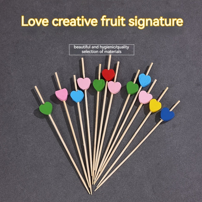 100 artistic bamboo fruit picks with love and plum blossom designs, disposable wooden cocktail decorations.