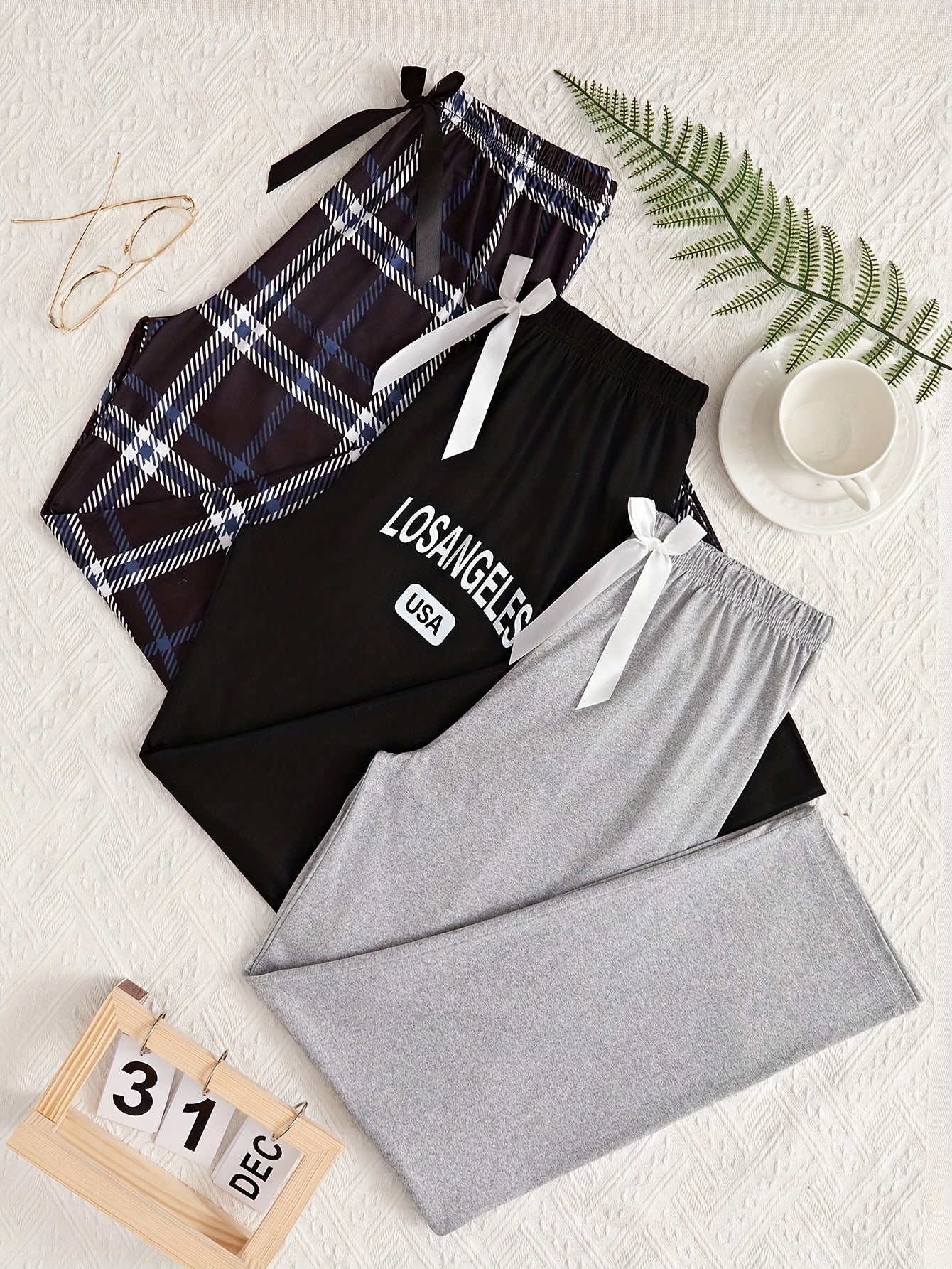 3-Piece Set of Plaid & Letter Print Pajama Bottoms for Women, Casual Loose Fit Pants with Bow Detail