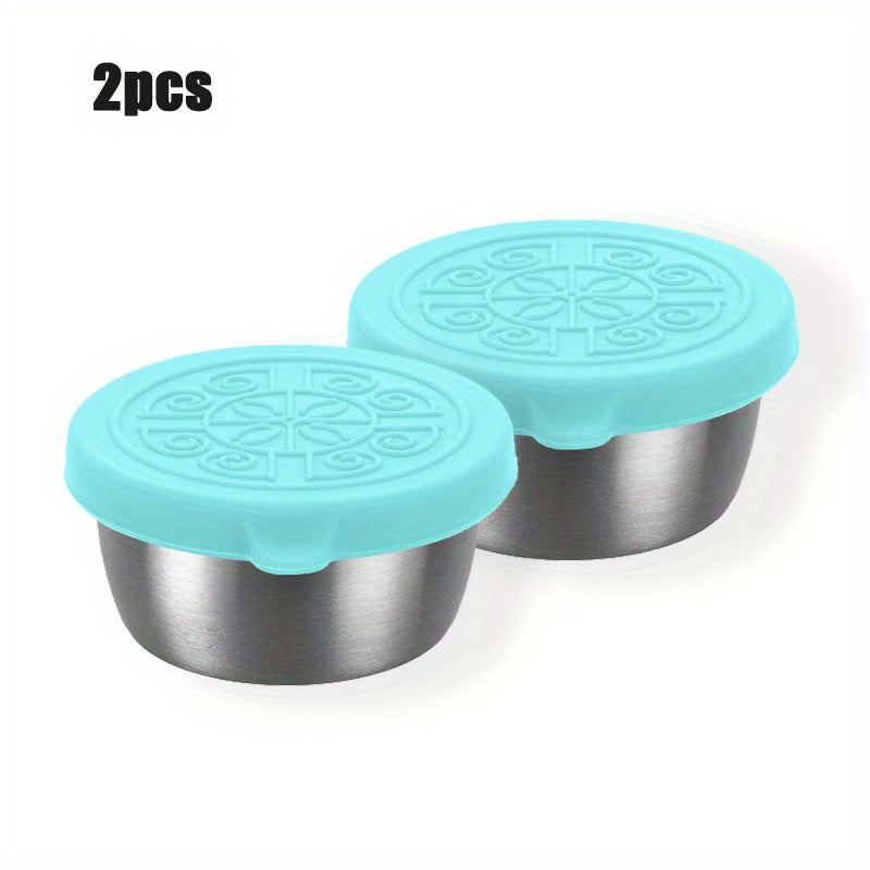 1pc/6pcs of 1.6oz reusable sauce cups with leakproof silicone lids, perfect for salad dressing on-the-go. Ideal for school, bento lunch boxes, restaurants, picnics, and travel. Stainless steel condiment cups.