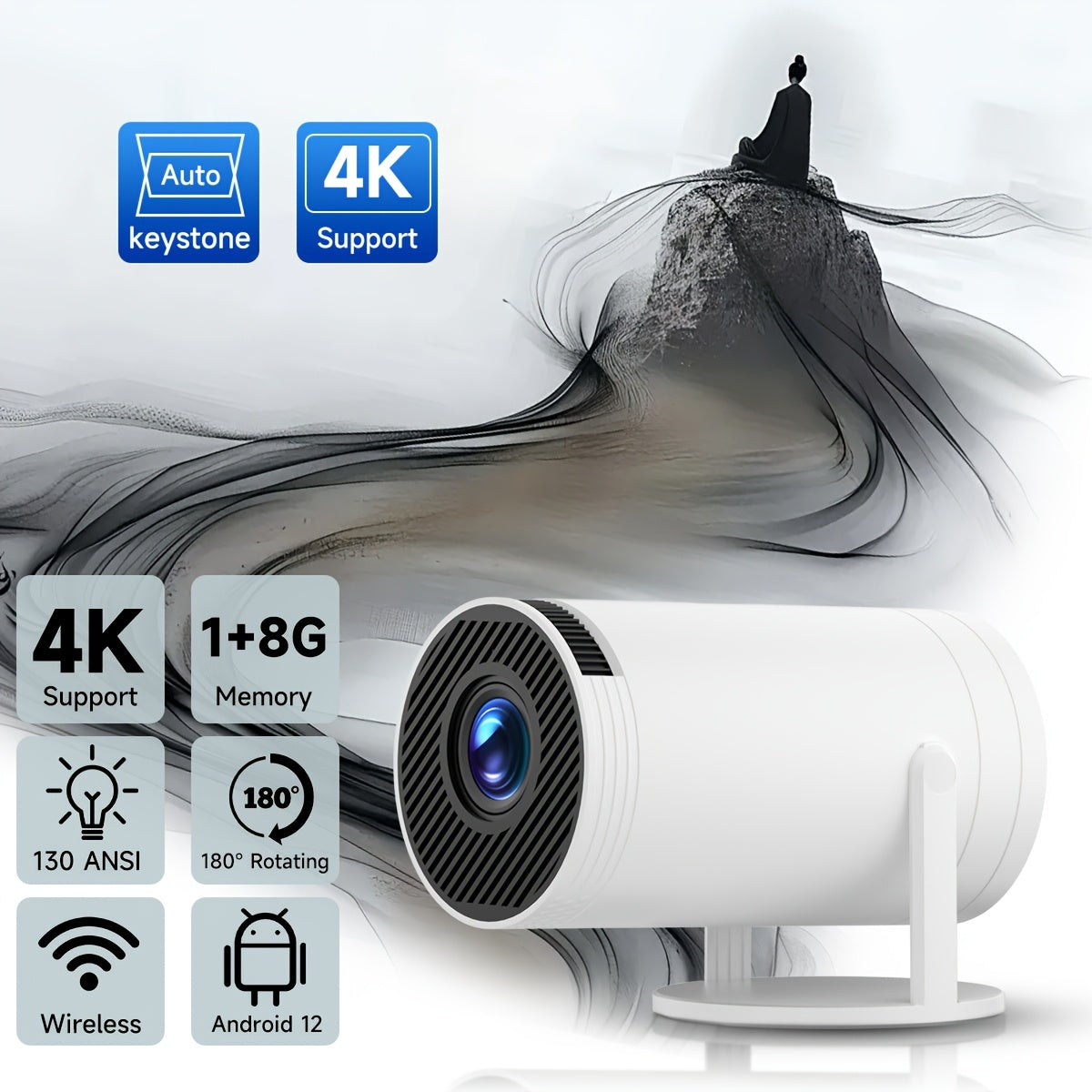 XYA S100 Portable 4K Projector with 5G WiFi & Wireless, 3000+ Lumens Brightness, Remote Control, Keystone Support, Rotating Keystone, Compatible with HDTV/USB/AV, White color.