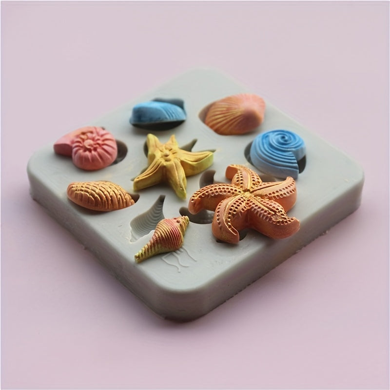 Silicone Mold Set for Chocolate and Fondant Featuring Ocean Designs - Starfish, Seashells, and Conch - Perfect for DIY Cake Decorating and Crafting with Vibrant Sea Life Patterns