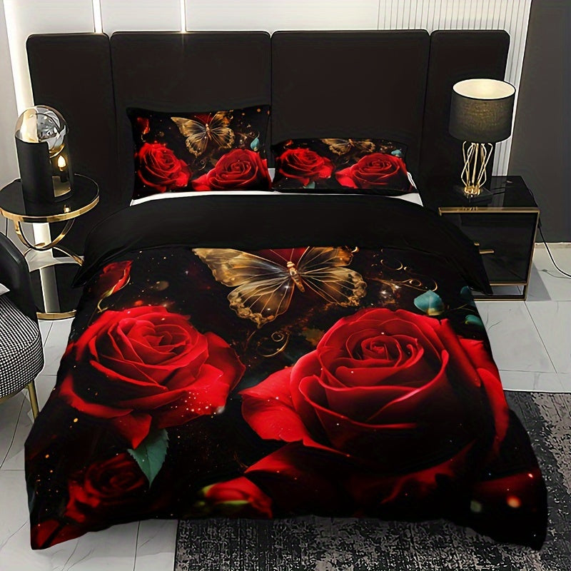 3-piece Romantic Rose Butterfly 3D Duvet Cover Set with 2 Pillowcases. Soft and breathable with HD printing for home or dorm decor.