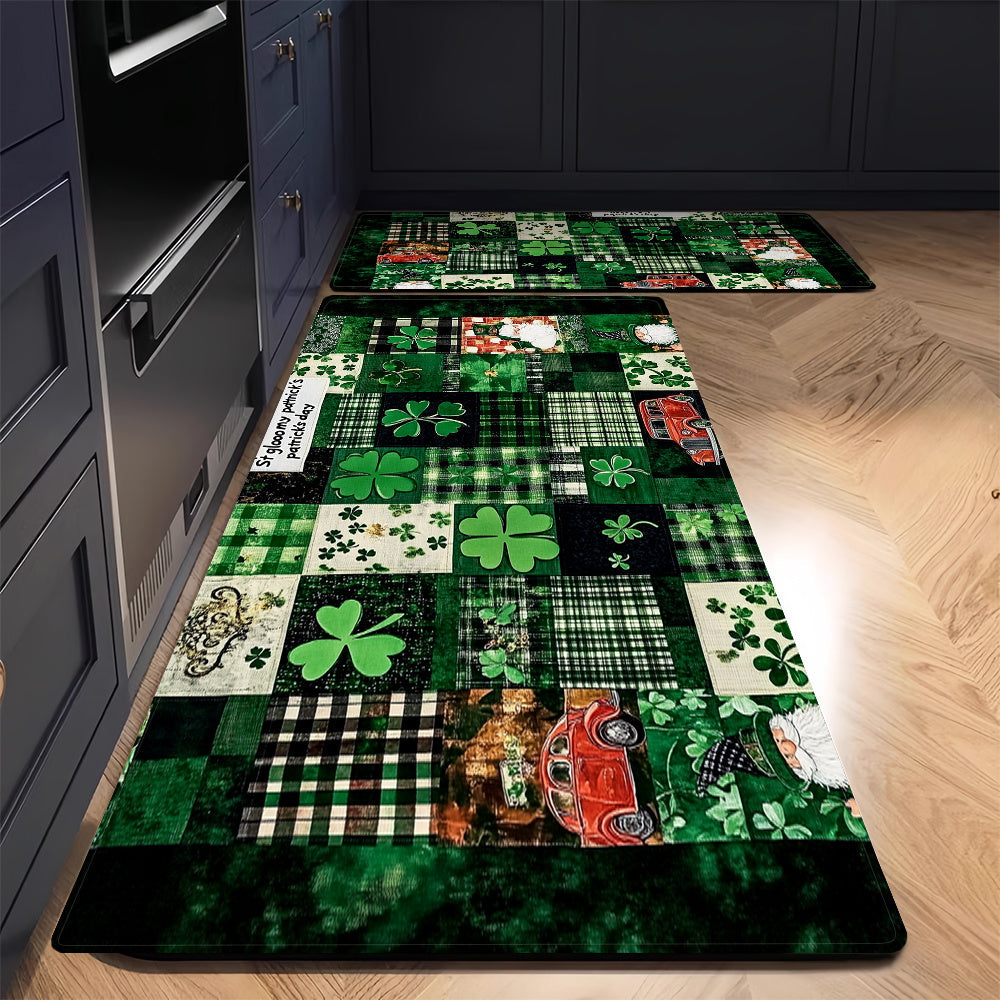 St Patrick's Day Kitchen Mat - Festive 1pc Mat with Clover & Gnome Design - Super Absorbent, Non-Slip Polyester - Soft Mat for Bathroom, Laundry Room, Bedroom - Easy to Clean in Machine Wash