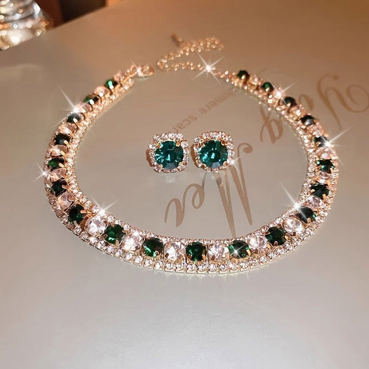 Beautiful Green Rhinestone Necklace and Earrings Set for Women, featuring a Luxurious Iron Clavicle Chain with 925 Sterling Silver Posts. Ideal Gift for Women, Perfect for Christmas Season Parties and Events. Stunning Rhinestone Decorations. Accessorize