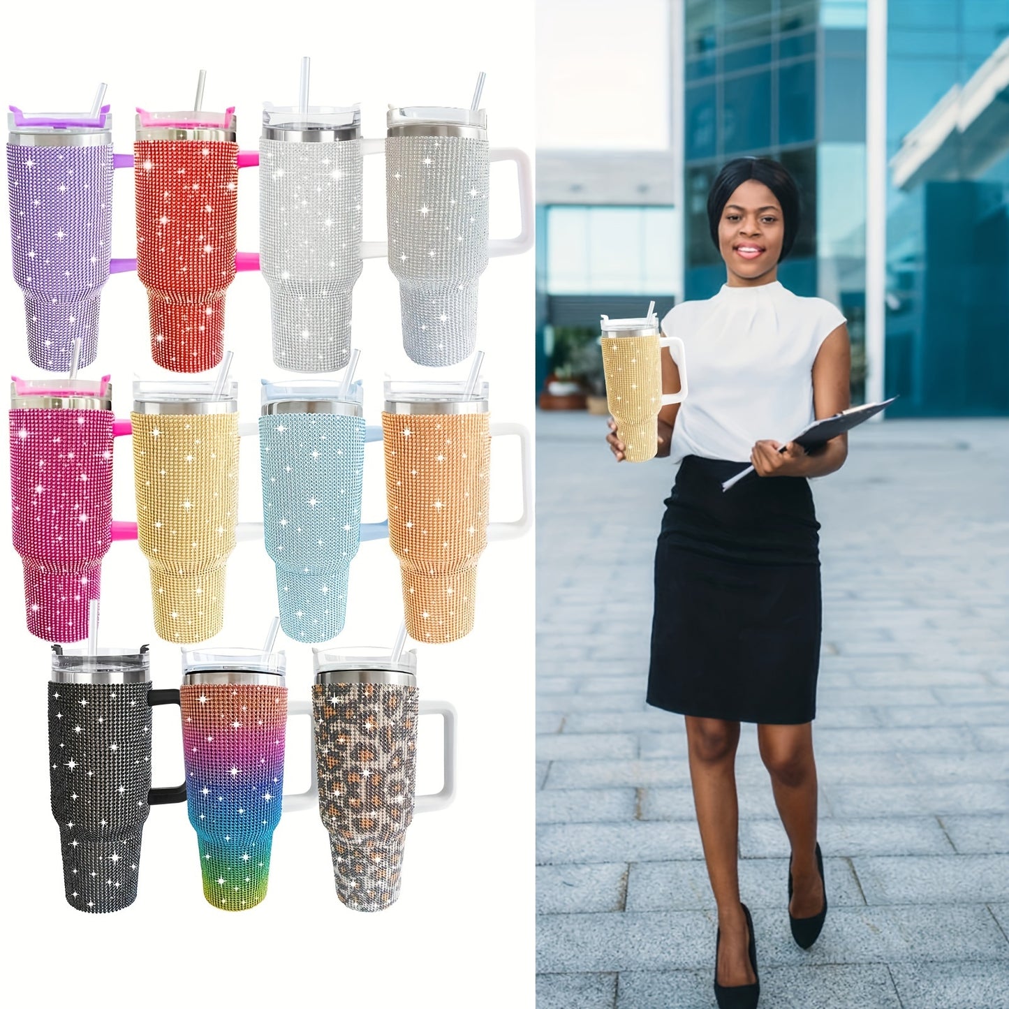 1pc Sparkling Studded Tumbler: Stainless steel, 40oz, insulated with lid and straw. Portable for car, home, office. Great for summer and travel, perfect for birthday gifts.