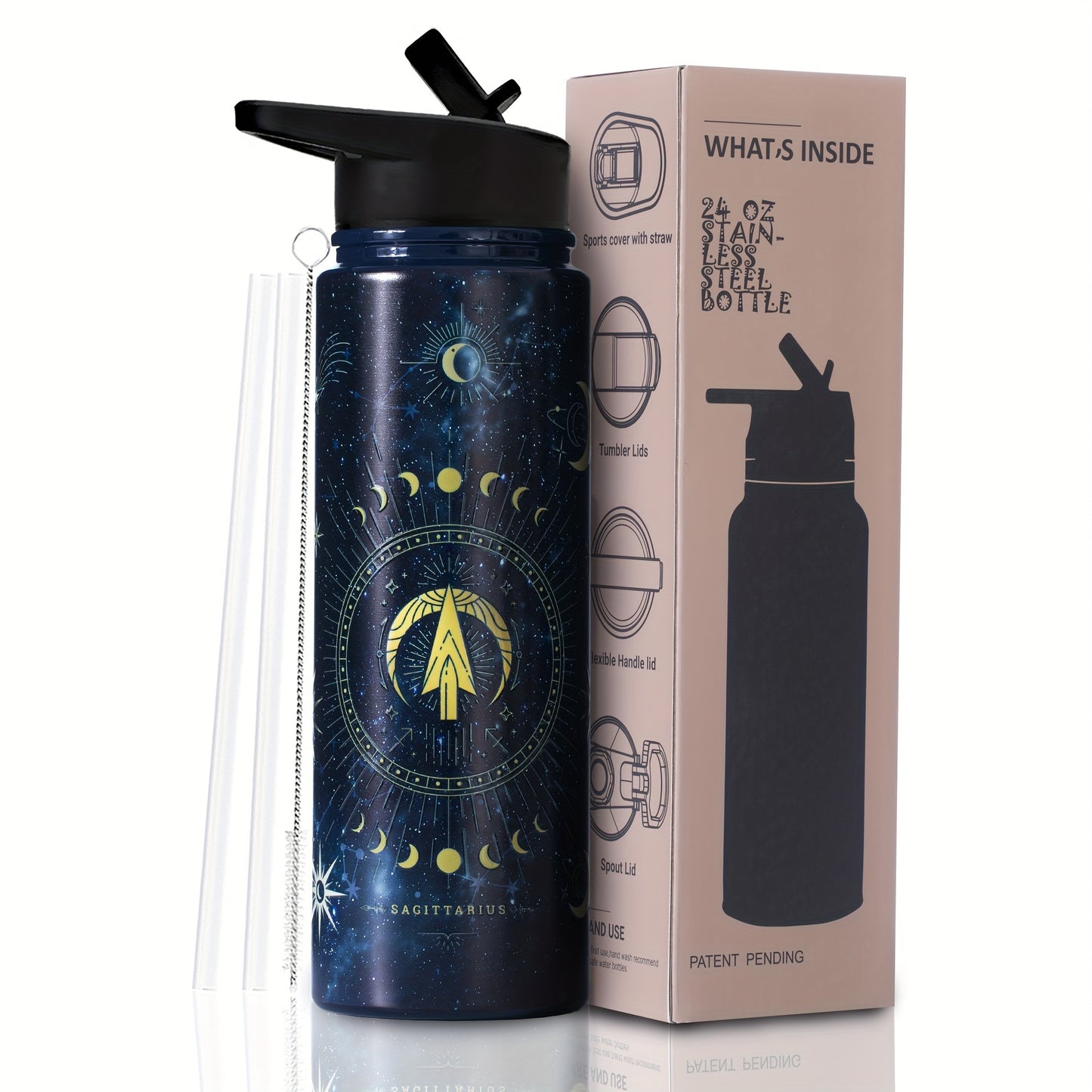 1pc Stainless Steel Zodiac Water Bottle with Lid, Straw, and Double Wall Vacuum Insulation - Ideal for Travel, Outdoor Activities, or as a Birthday Gift. Great for Halloween parties or as room decor.