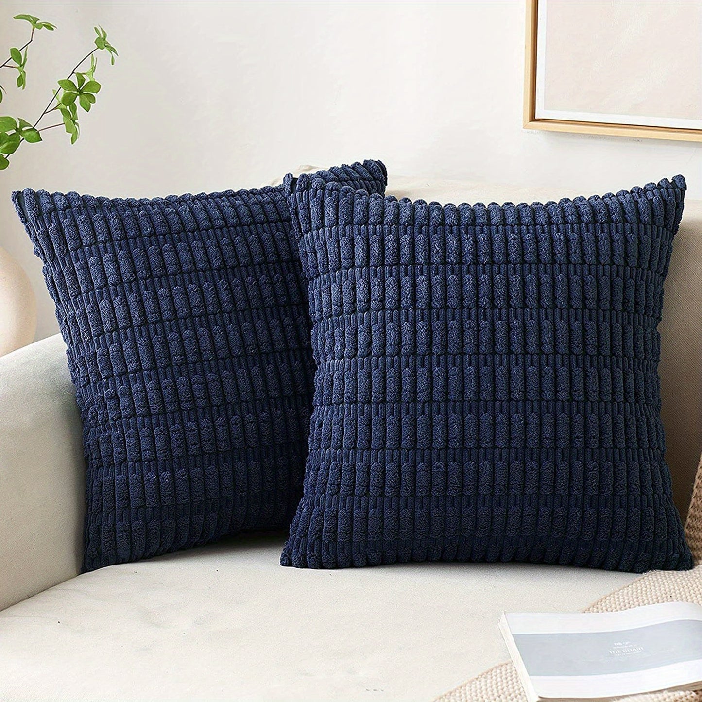 Reversible corduroy throw pillow cover with soft boho striped design, machine washable, zipper closure. Woven polyester, ideal for contemporary farmhouse home decor in sofa and living room. Size: 45.72x45.72 cm.