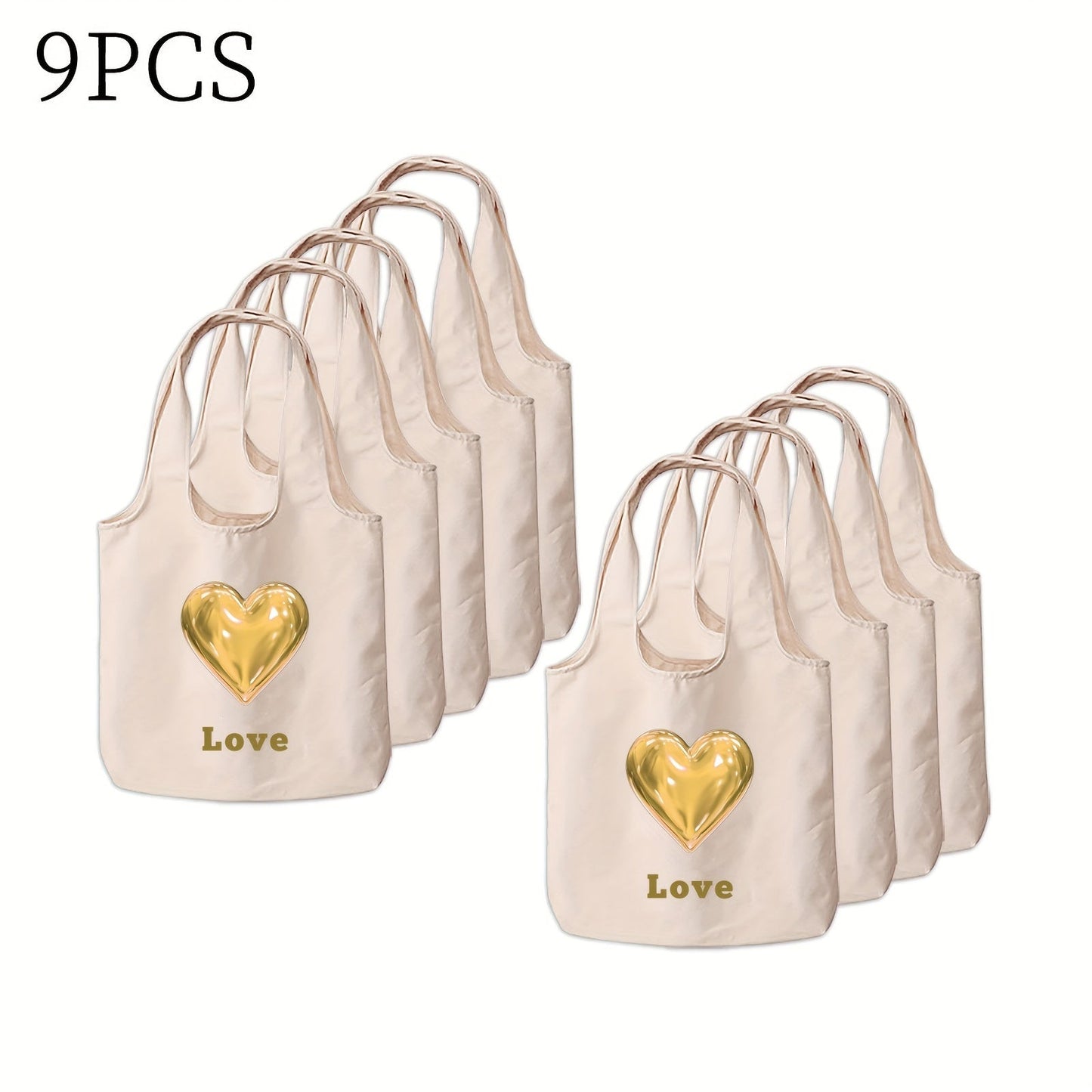 Customize your tote bag with custom text and a heart pattern. Available in sets of 1, 3, or 9 pieces, this personalized canvas bag can be printed on both sides. Perfect for daily commutes, outdoor picnics, parties, traveling, and shopping.