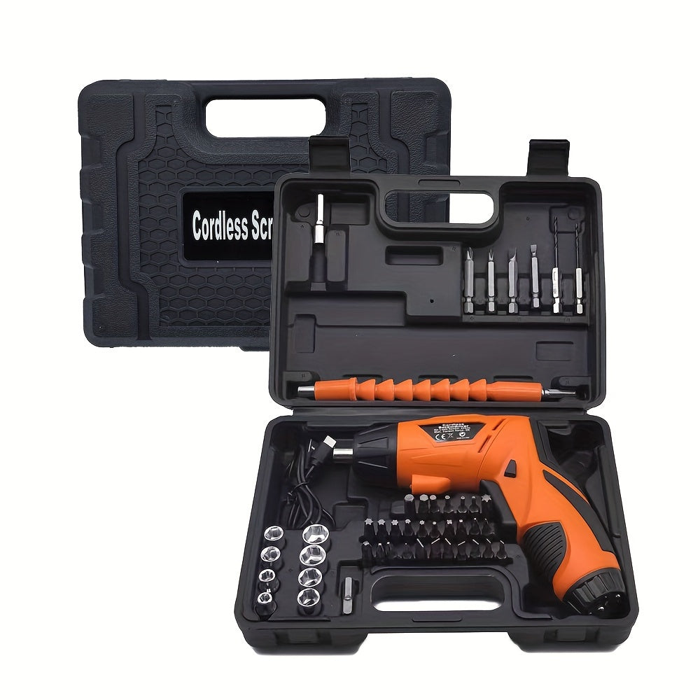 Electric screwdriver set with 47 accessories and flashlight feature, suitable for various uses like tightening screws, nuts, and drilling. Ideal for home repairs and installations.