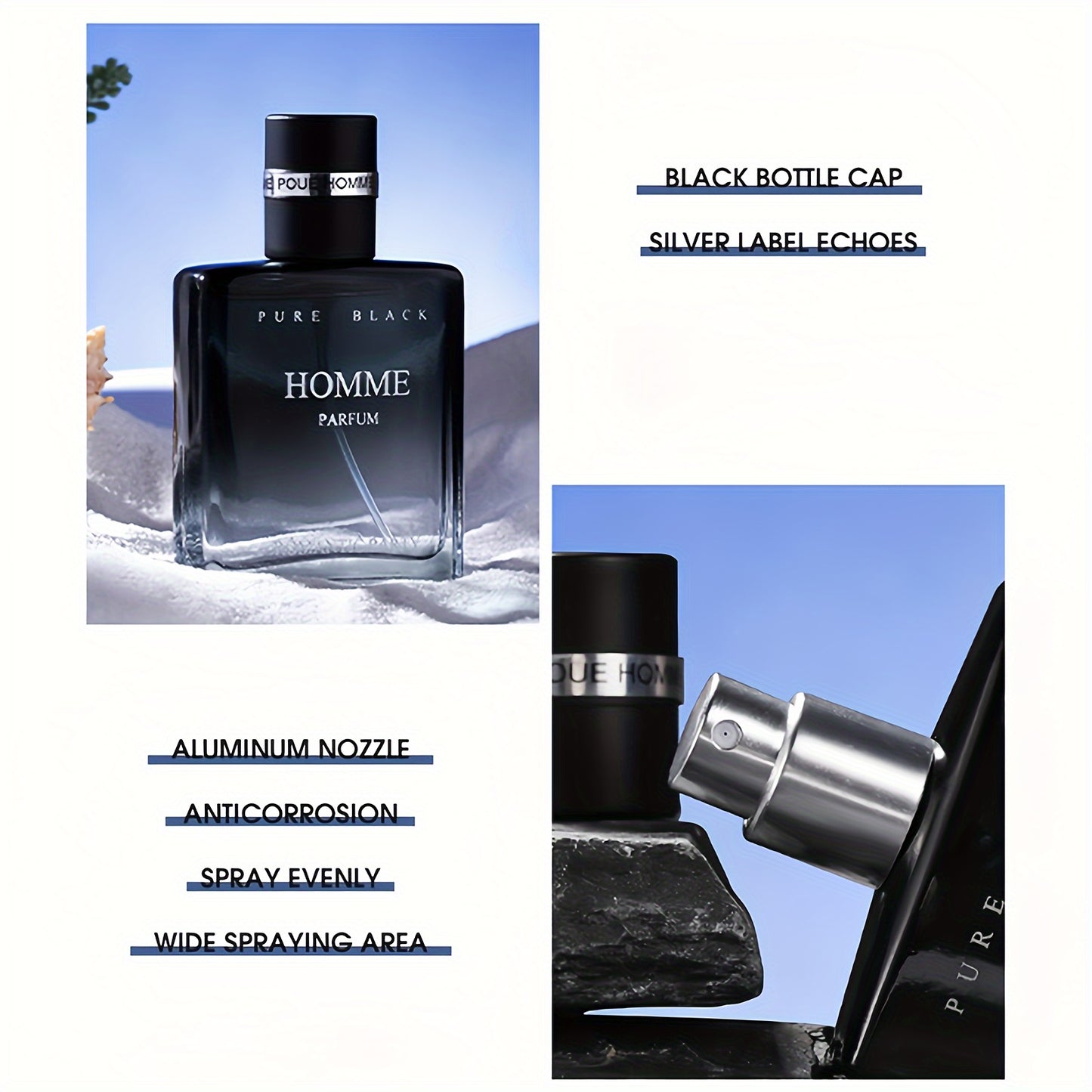 Men's cologne "Homme Parfum" in "Sunshine" Blue and "Confident" Black, with long-lasting light scent and ocean & woody fragrance notes for a charming gentleman's aroma.