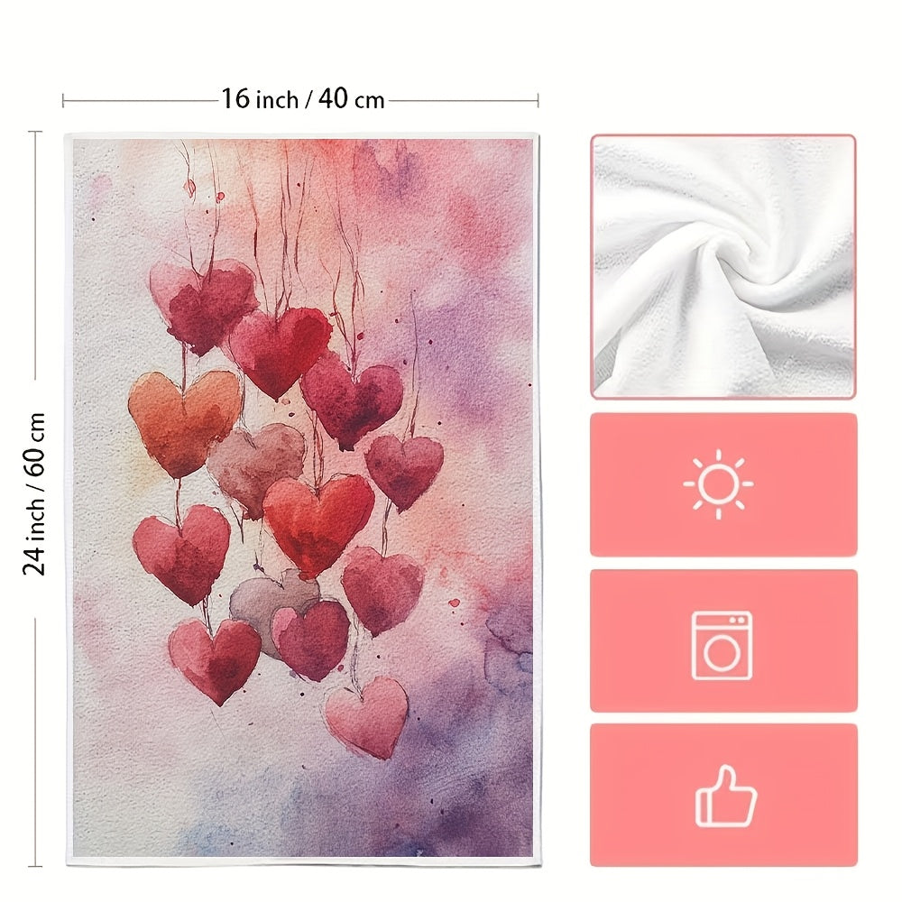 2 pieces of ultra soft kitchen towels featuring a Valentine's Day heart design. These highly absorbent and machine washable dish hand towels showcase romantic pastel hearts with balloons. Each towel measures 40.64x60.96 cm, making them perfect for