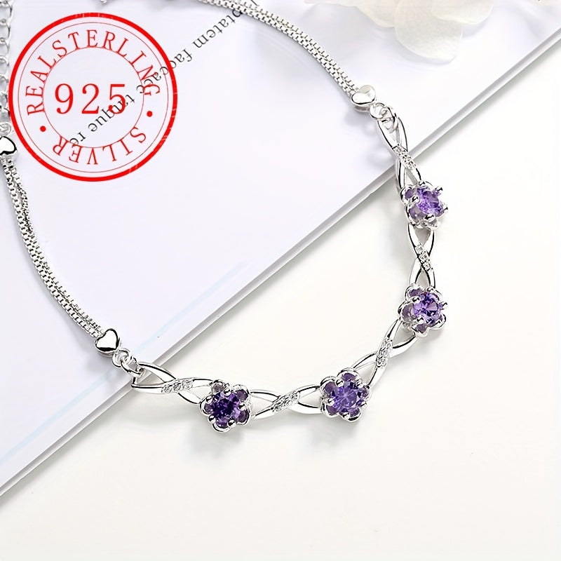 This bracelet is made of high-quality S925 silver, featuring a beautiful peach blossom design with plum blossom decoration and purple zirconia. It is perfect for everyday wear or as a thoughtful gift, weighing 5.2g/0.18oz.