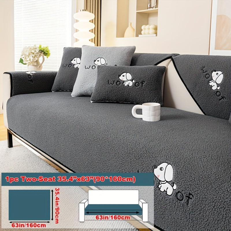 Soft Sherpa sofa cover, pet-friendly, non-slip, machine washable.