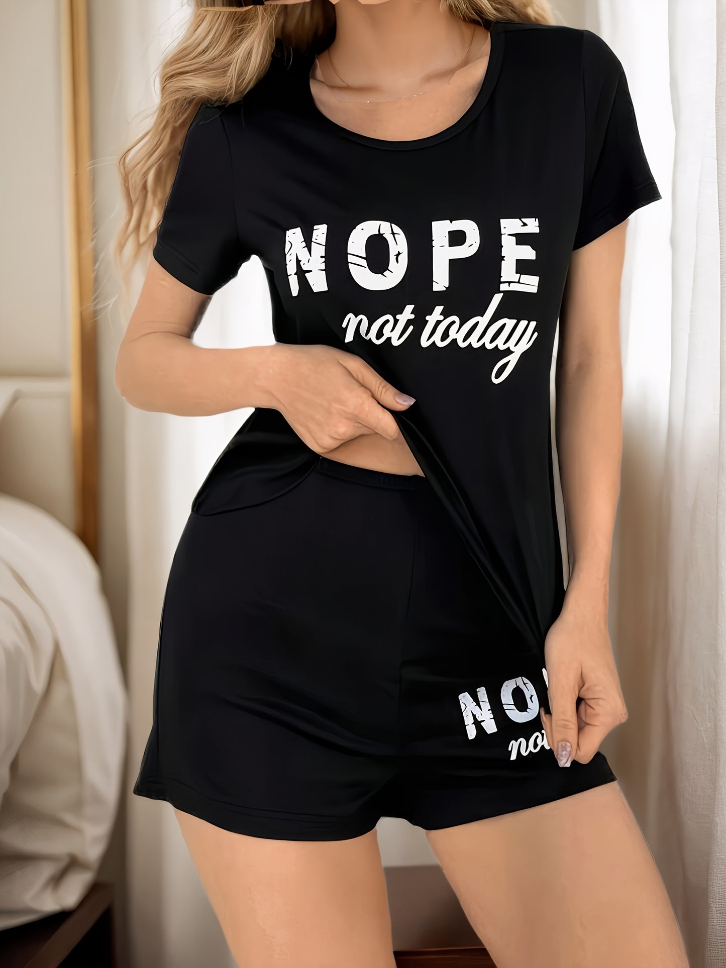 Valentine's Day pajama set with "NOPE Not Today" letter print, crew neck, knit fabric, medium stretch, all-season comfort, 95% polyester and 5% elastane.