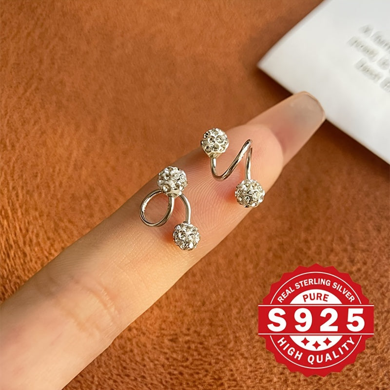 Luxurious 925 Sterling Silver Screw Ball Stud Earrings, adorned with Sparkling Screw Buckle S Bar. Ideal for gifting at Christmas or wearing to a Music Festival themed party with friends.