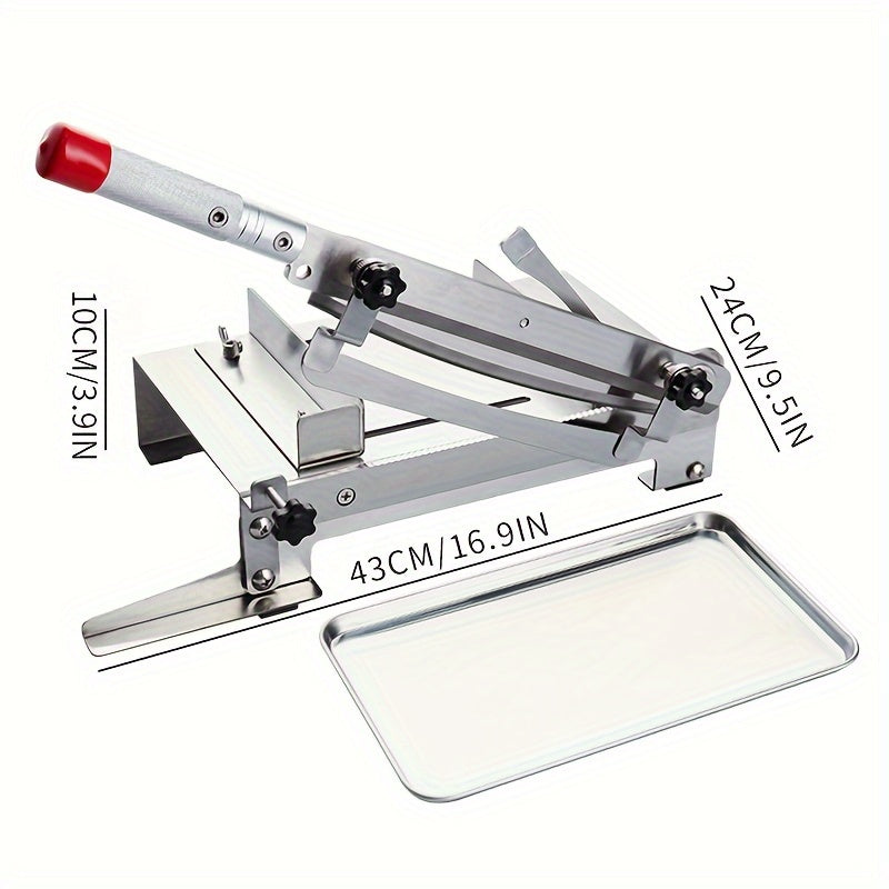 Manual mandoline slicer made of stainless steel - versatile hand protection device for cutting bones with adjustable thickness, featuring a sharp rectangular blade for slicing meat and vegetables.